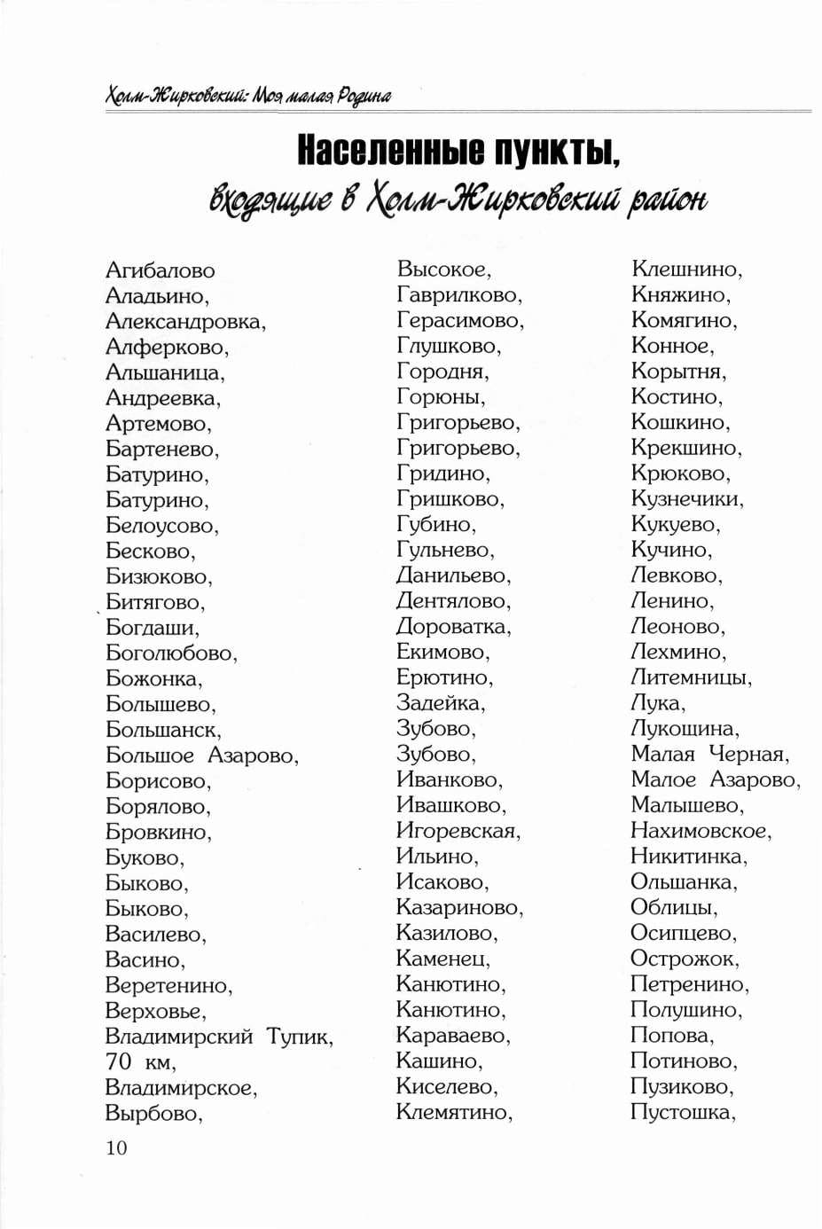 Населенные пункты, входящие в Холм-Жирковский район